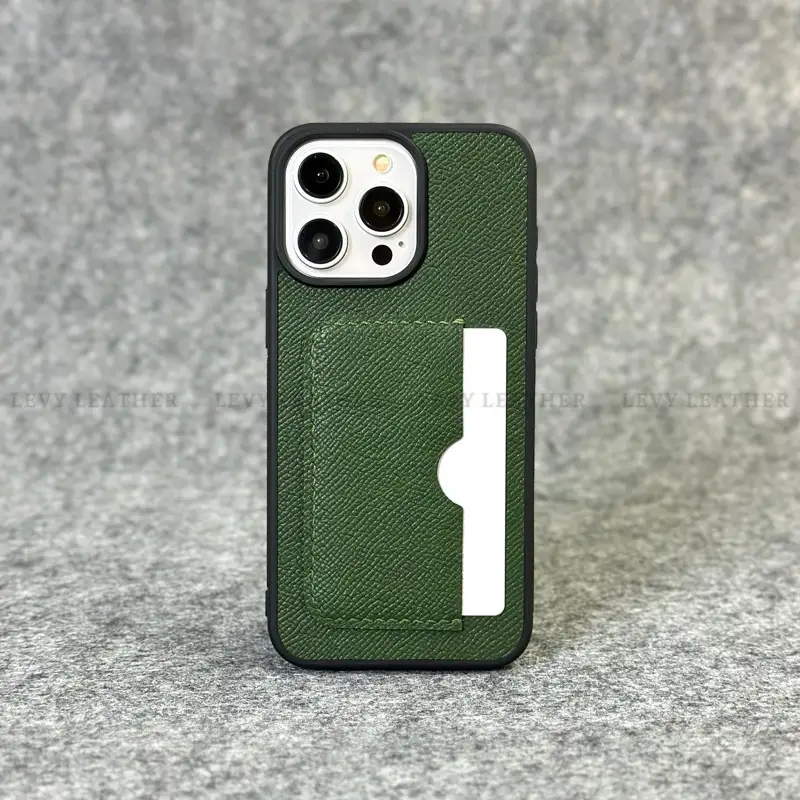 Ốp Lưng Da Epsom Xanh Rêu Thủ Công, Ngăn Thẻ Cho iPhone 16/15/14/13/12/11/Xs Max