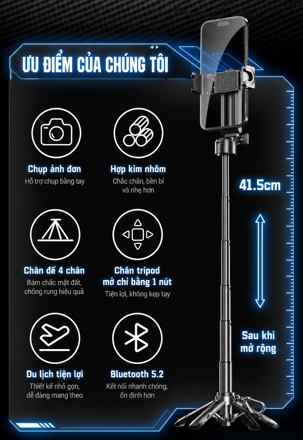 Đế Điện Thoại Gimbal Bluetooth 5.2 Đa Năng