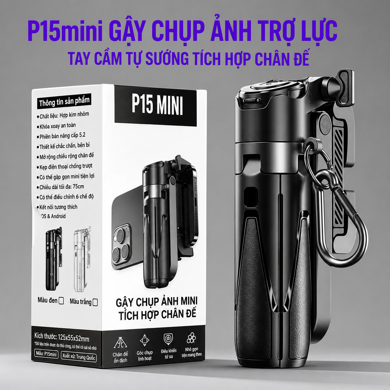 Gậy Chụp Ảnh Trợ Lực P15 Mini - Tay Cầm Tự Sướng Tích Hợp Chân Đế