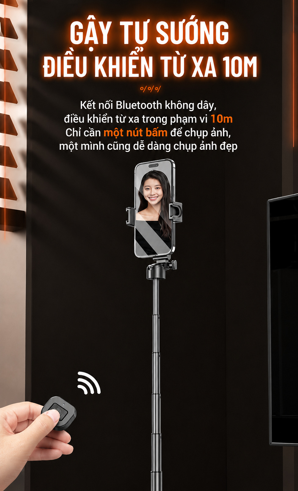 Gậy tự sướng điều khiển từ xa 10m kết nối Bluetooth